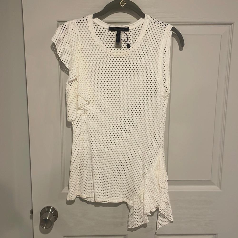 BCBG Max Azria White Asymmetrical Eyelet Top Size S